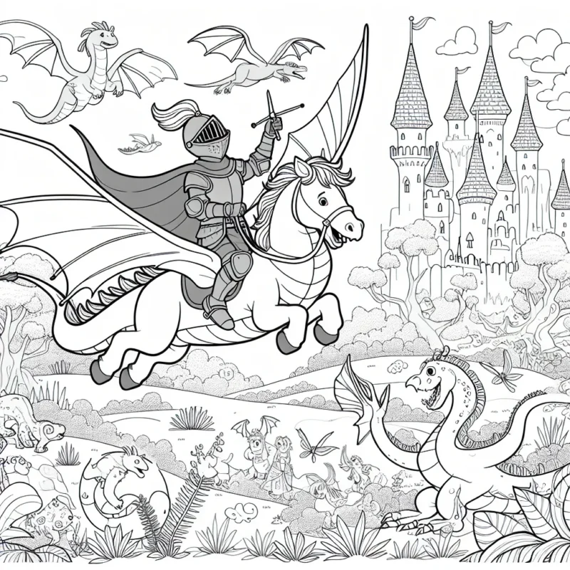 Dessine Martin le brave chevalier chevauchant son dragon domestique et volant au-dessus d'un royaume enchanté peuplé de créatures magiques.
