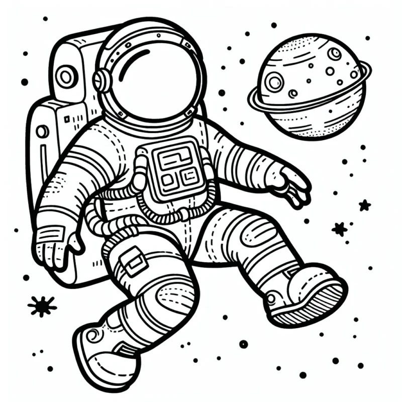 Un astronaute, dans un combinaison spatiale et un gros casque, élaboré, flotte dans l'espace avec une planète en arrière-plan.