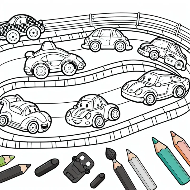 Une scène de course amicale entre des voitures de différentes formes et tailles sur une piste animée. Les voitures, la piste et le fond sont incolores, prêts à être remplis de couleurs par des mains créatives.