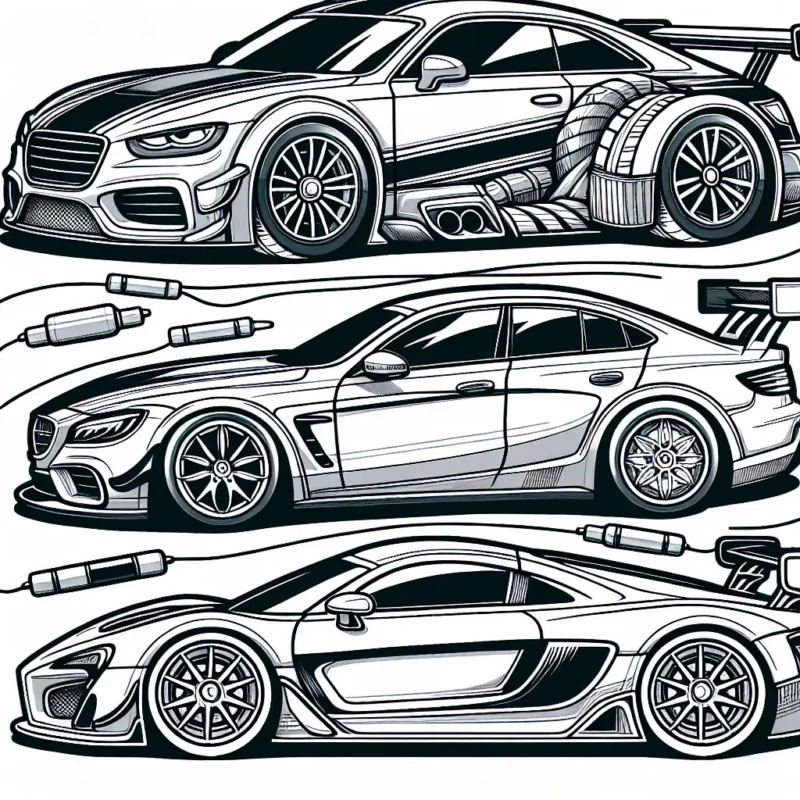 Dessine une grande course de voitures où chaque voiture représente une marque différente telles que Ferrari, Mercedes, BMW et Audi.