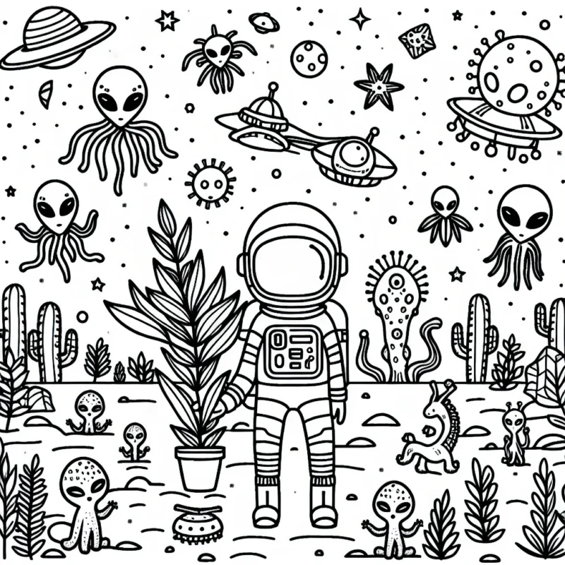 Un avant-poste spatial avec des aliens de différentes formes et un astronaute au centre, tenant une plante alien