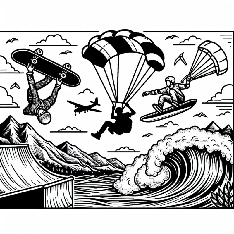 Une scène montrant une compétition de sports extrêmes : du skate sur rampe, du surf sur de grandes vagues, du parachutisme et de l'escalade de montagne