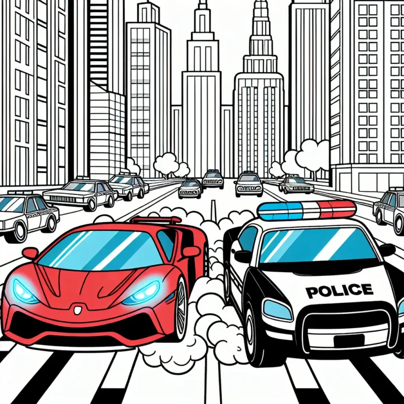 Dessine une course époustouflante entre une voiture de sport rouge rapide et une voiture de police bleue dans une ville animée.