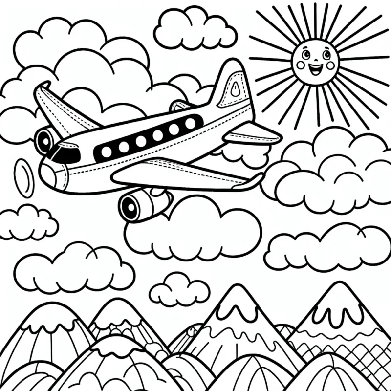 Imaginez un avion volant haut dans le ciel avec des nuages autour. L'avion est grand et détaillé, il y a aussi des montagnes en dessous. L'image est accompagnée d'un soleil souriant dans un coin du ciel.