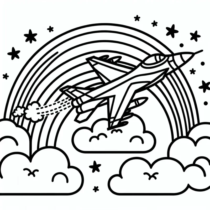 Dessine un avion de chasse zigzaguant à travers les nuages, avec un arc-en-ciel lumineux derrière lui.