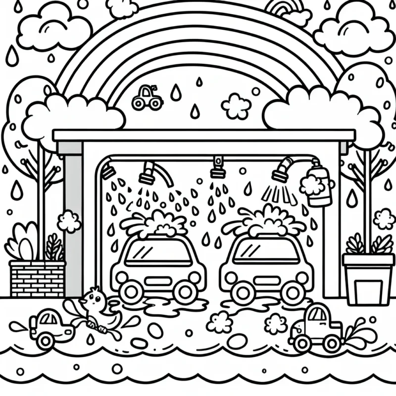 Dessine une scène animée à la station de lavage de voitures avec des voitures aux couleurs vives, des éclaboussures d'eau ludiques sur toutes les voitures, des arbres, des animaux, des bulles de savon, et un grand arc en ciel dans le ciel.