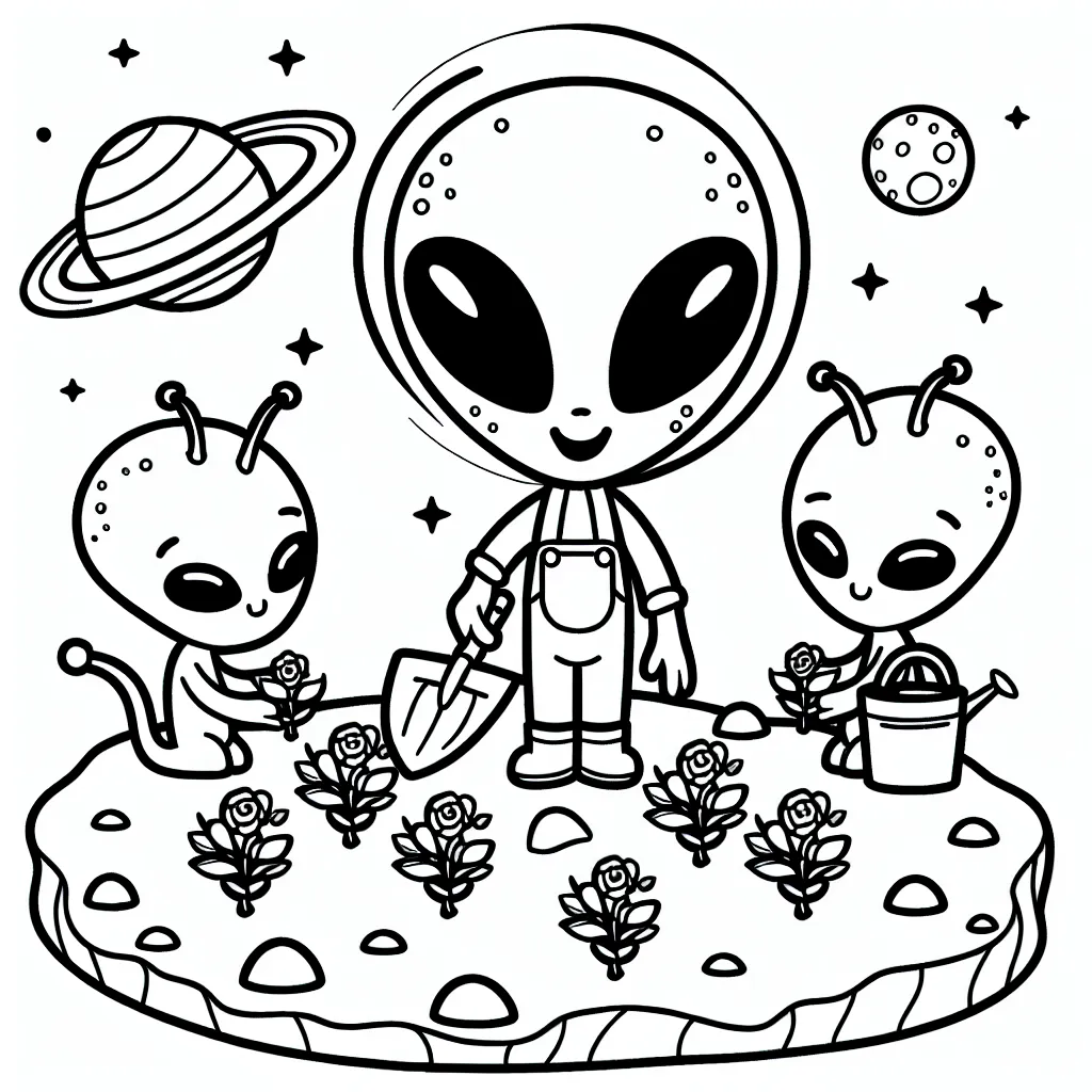 Un extraterrestre sympathique qui jardine sur sa planète avec ses amis aliens