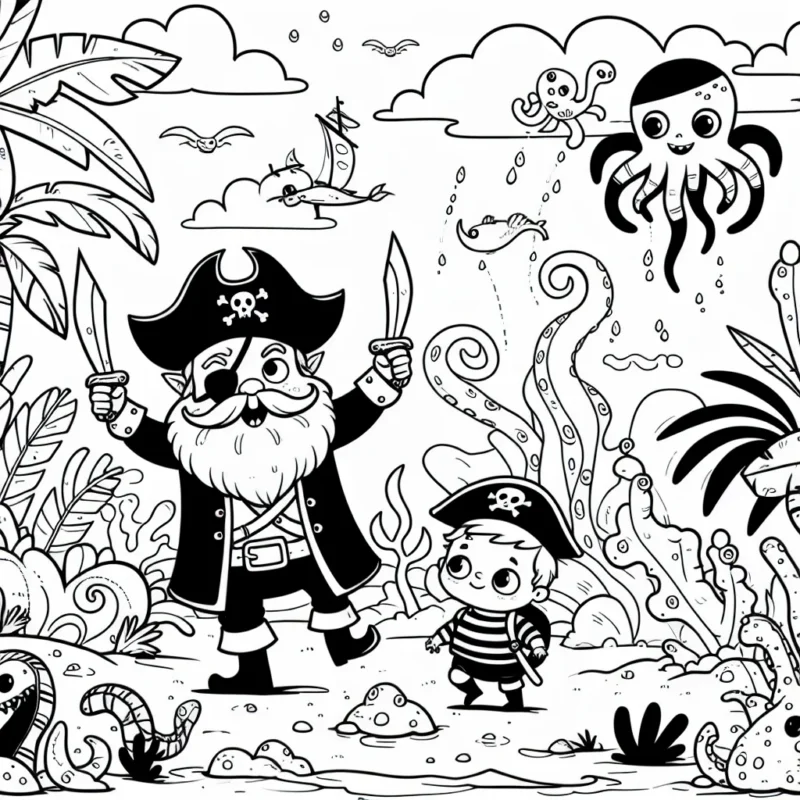 Un pirate courageux explorant une mystérieuse île aux trésors, remplie de créatures étranges et de plantes exotiques.