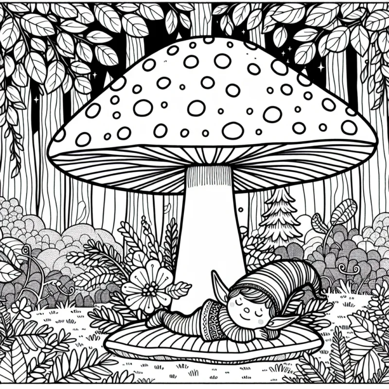 Une petite elfe endormie à l'ombre d'un champignon géant dans la forêt enchantée