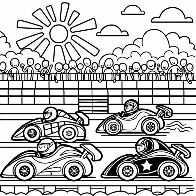 Dans ce dessin, vous allez colorier une course de voitures sur un circuit. Vous allez trouver quatre voitures de courses aux formes dynamiques et variées, avec des pilotes courageux derrière leur volant. Elles sont sur la ligne de départ, prêtes à démarrer leur course. Il y a également des spectateurs enthousiastes dans les gradins et un ciel bleu avec le soleil qui brille haut dans le ciel.