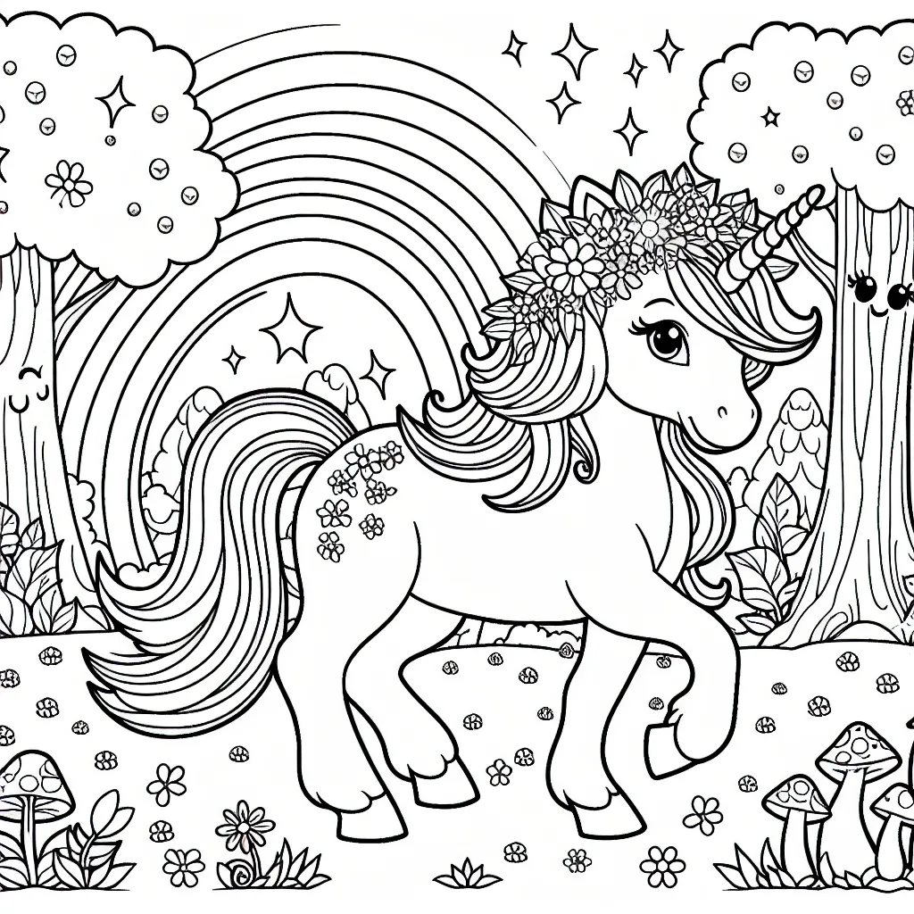 Dans une magnifique forêt féerique, un superbe licorne gracieuse et majestueuse se promène sur un tapis de feuilles. La jolie licorne porte une couronne de fleurs aux couleurs joyeuses sur sa tête. Au loin, un grand arc-en-ciel colore le ciel de la forêt. Sur les côtés, des arbres enchantés avec des visages souriants et des champignons aux formes amusantes complètent cette scène.