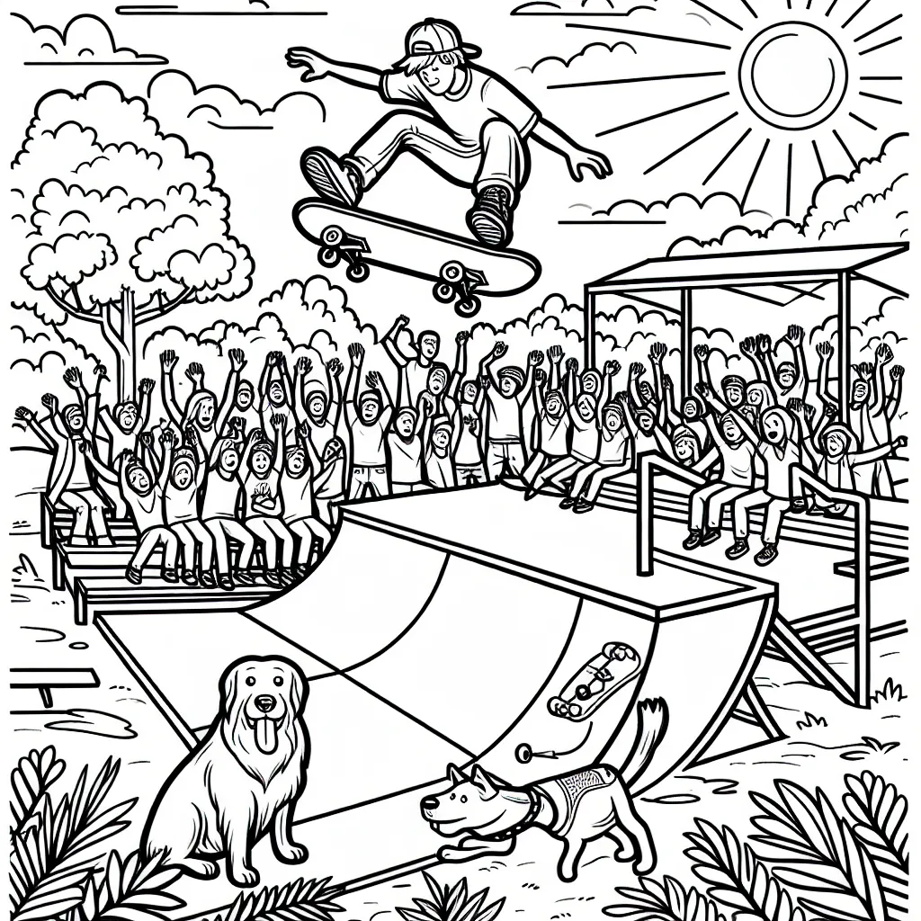 Visualise une scène où un skateur réalise un saut incroyable sur une rampe dans un parc à skateboard, entouré par des fans émerveillés et son chien fidèle. De plus, l'arrière-plan est pleinement centré sur la nature avec des arbres, du soleil et un ciel bleu. Tu peux choisir les couleurs les plus excitantes pour faire vivre cette image dynamique.