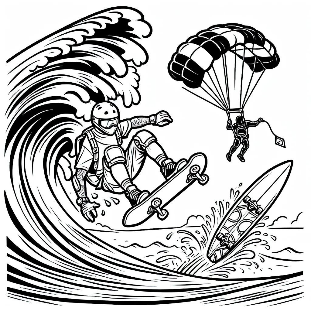 Dessine une scène d'actions palpitante où figurent un skateur effectuant un saut impressionnant sur une rampe, un parachutiste dans les airs et un surfeur affrontant une énorme vague. N'oublie pas de bien dessiner les équipements de sécurité que portent ces sportifs extrêmes!