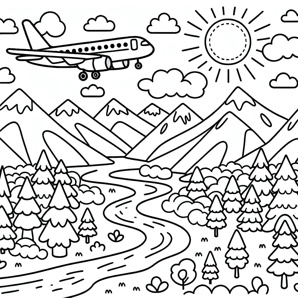 Dessine un avion de ligne survolant un majestueux paysage avec des montagnes, des forêts et des rivières, avec un grand soleil et quelques nuages parsemés dans le ciel.