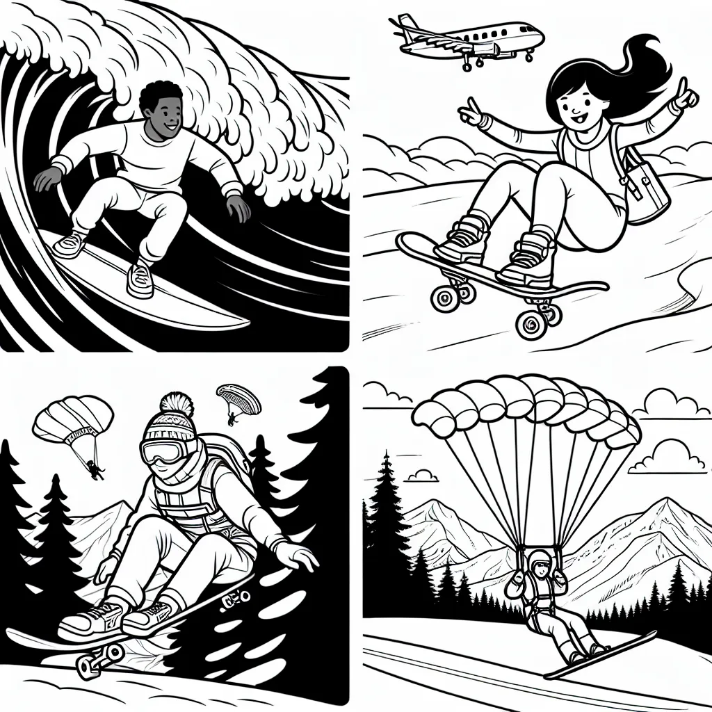 Dessine un surfeur qui surfe sur une vague gigantesque, une fille qui fait du skateboard dans un parc à skateboard, un skieur qui descend une montagne pleine de neige à toute vitesse et un parachutiste en plein vol au-dessus d'une forêt.