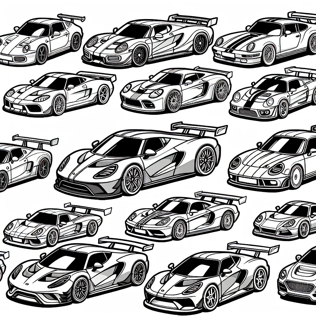 Imagine des voitures de différentes marques alignées, prêtes à courser. Chaque voiture a un design unique selon sa marque, comme Ferrari, Aston Martin, Bugatti, Maserati et Porsche.