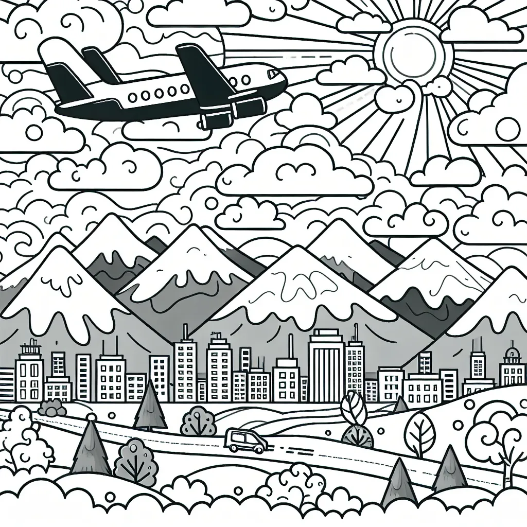 Dessine un avion qui vole au-dessus des nuages avec le soleil qui brille, des montagnes enneigées en arrière-plan et une ville animée en-dessous.