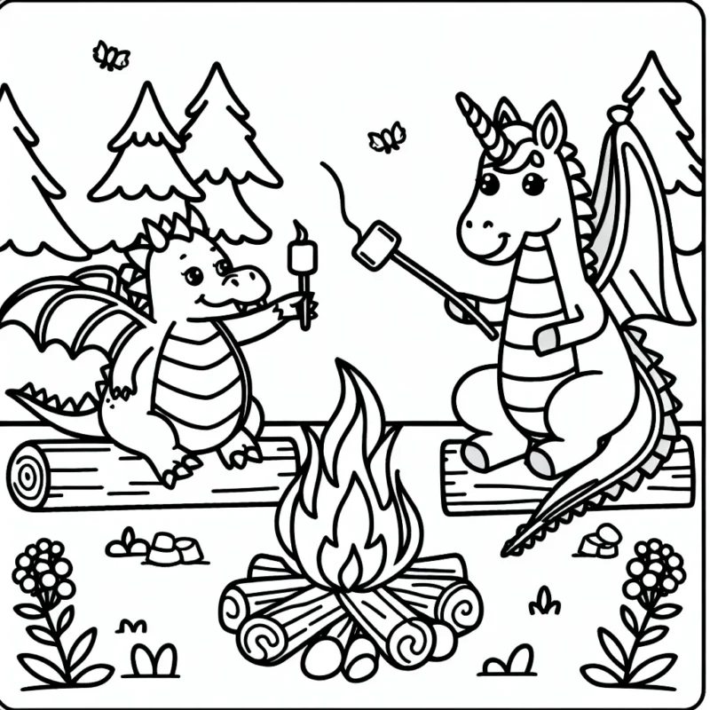 Un dragon amical qui fait cuire des marshmallows sur un feu de bois avec une licorne