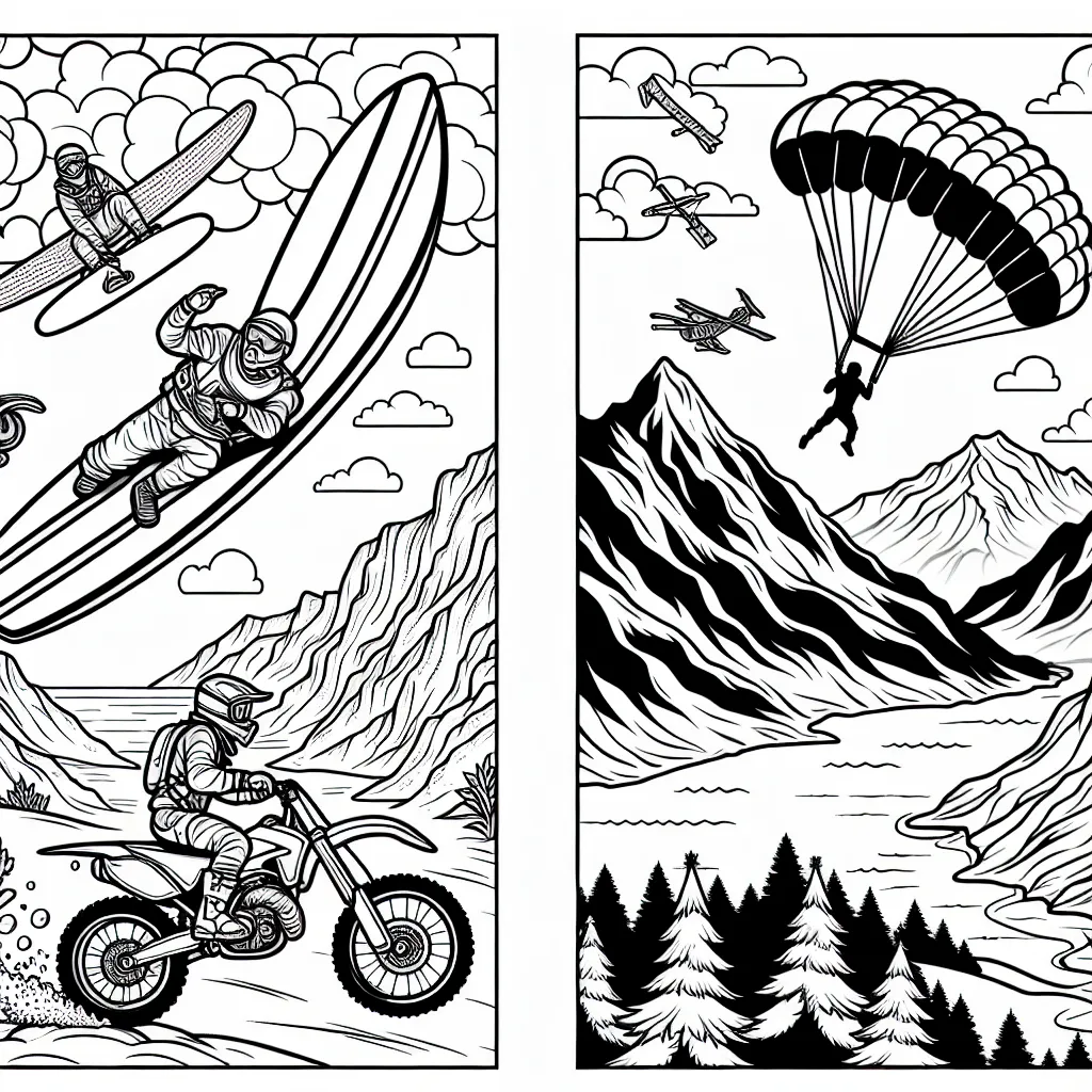 Une planche de surf volant haut dans les airs avec un surfeur audacieux, une motocross traversant des montagnes difficiles, des skieurs dévalant des pentes abruptes et un parachutiste survolant un magnifique paysage. Ajoutez des touches de couleurs à ces scènes palpitantes et donnez vie à l'excitation des sports extrêmes !