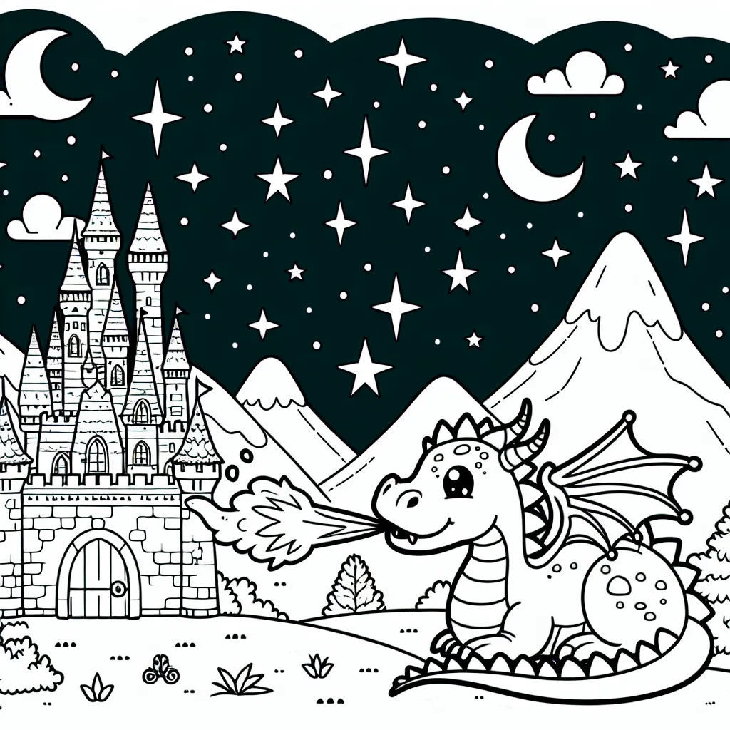 Un petit dragon inoffensif essaie d'apprendre à cracher du feu sous les étoiles nocturnes, assis sur une colline en face d'un château majestueux.