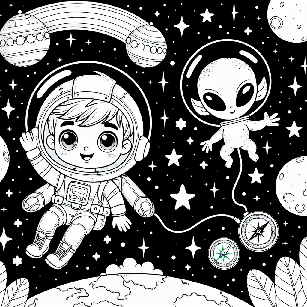 Un jeune astronaute flotte au dessus de la Terre avec une boussole dans sa main, des étincelles d’étoiles sur le chemin et des aliens amicaux le saluant de leur vaisseau spatial