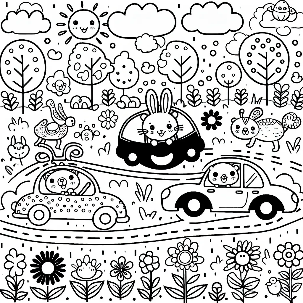 Dessine une joyeuse course de voitures dans un parc peuplé d'animaux et de fleurs.