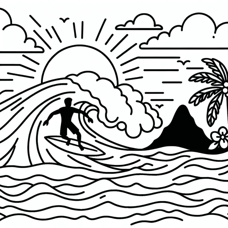 Dessine un surfeur audacieux qui surfe sur une vague géante avec une montagne et un coucher de soleil en arrière-plan