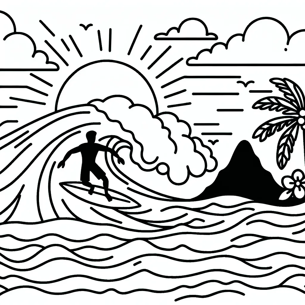 Dessine un surfeur audacieux qui surfe sur une vague géante avec une montagne et un coucher de soleil en arrière-plan