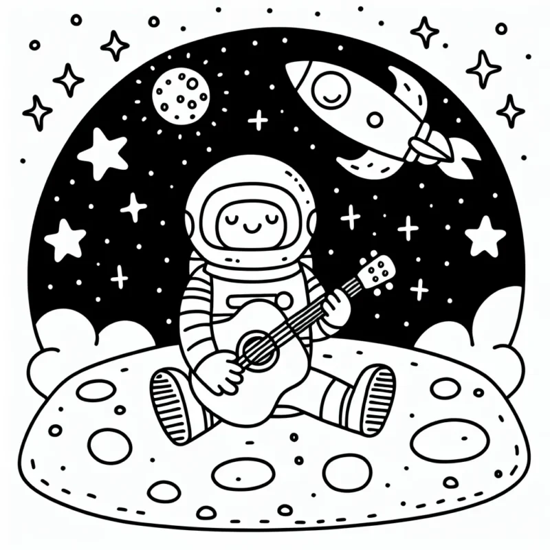 Un astronaute qui joue de la guitare sur la lune, avec une fusée spatiale en arrière-plan et des étoiles brillantes dans le ciel nocturne.