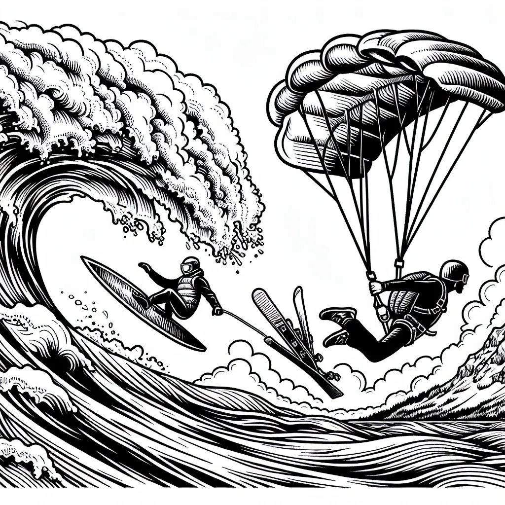 Dessine un surfeur qui défie une gigantesque vague, un parachutiste qui descend à toute vitesse du ciel et un skieur qui fait un énorme saut