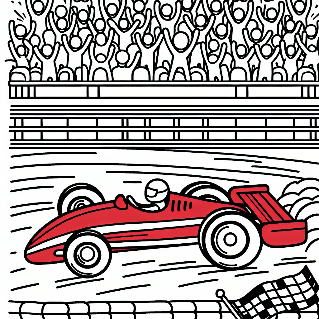 Dessine et colorie une voiture de course rouge rapide sur la piste avec des gradins remplis de supporters enthousiastes au fond.