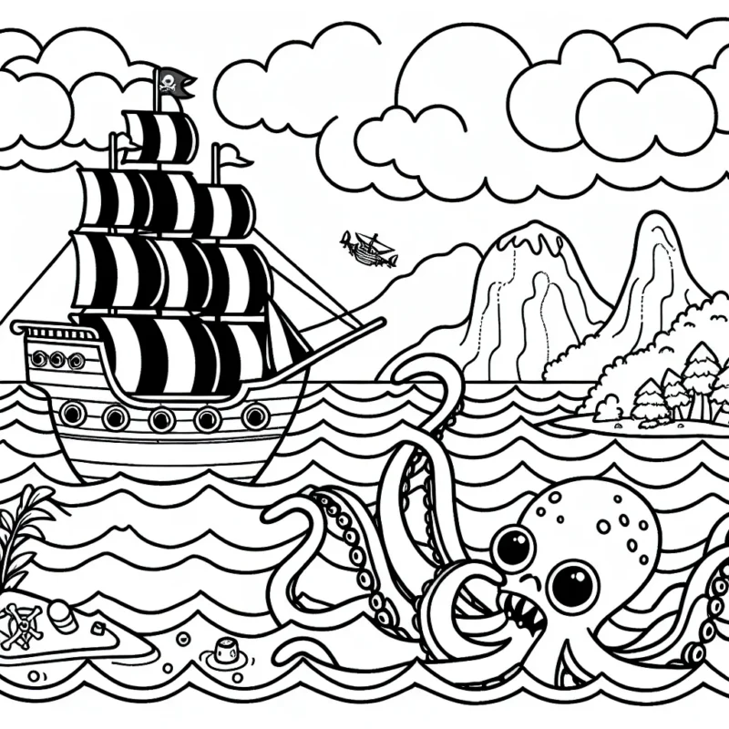 Imagine une scène effervescente de pirates dans la mer avec un grand navire pirate, une île au trésor et un Kraken émergeant de l'eau.