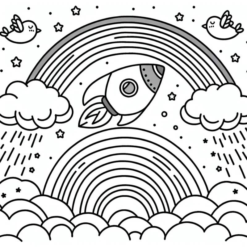 Dessine un avion-fusée qui vole au-dessus des nuages, avec en arrière-plan un grand arc-en-ciel et des oiseaux.