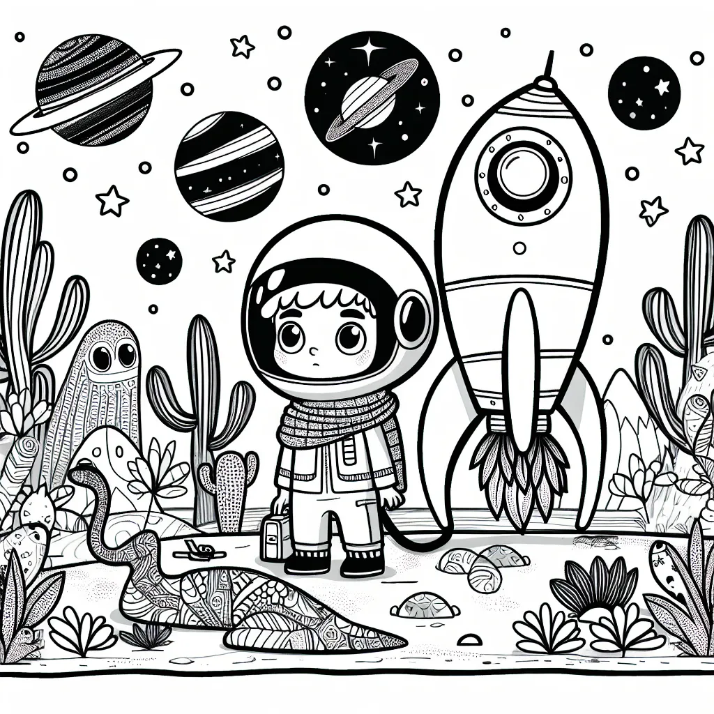 Un jeune pilote avec sa fusée spatiale sur une planète inconnue avec des étranges créatures et des plantes exotiques.