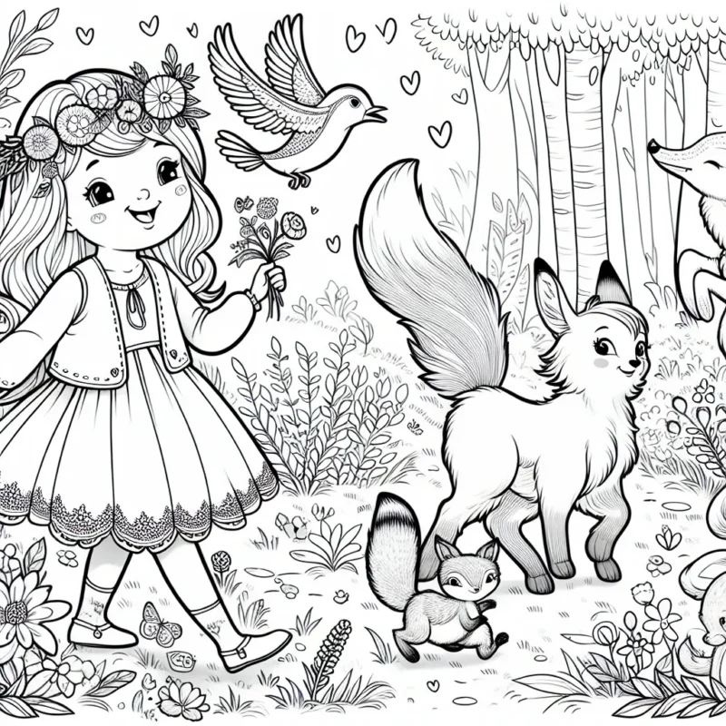 C'est une belle journée printanière et une adorable petite fille décide de faire une promenade dans une forêt enchantée pleine de créatures magiques. Elle croise un doux lapin, un renard souriant, un oiseau chantant une mélodie douce et même une licorne à la crinière brillante. Il y a aussi de jolies fleurs à colorier tout autour.