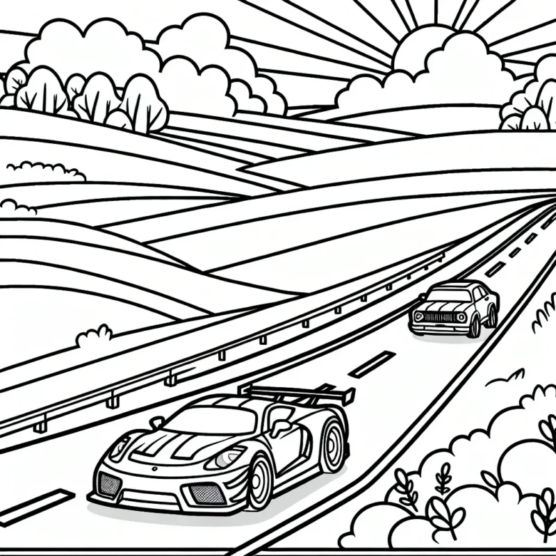 Dessine une course colorée de voitures sur l'autoroute avec le soleil couchant en arrière-plan.