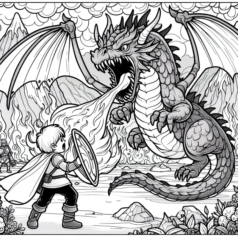 Un petit garçon se tient courageusement devant un dragon féroce dans un paysage fantastique. Le dragon souffle du feu, et le garçon tient un bouclier pour se protéger du feu. Crée une scène pleine de couleurs vives et éclatantes.