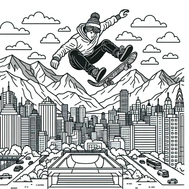 Dessine un skateboarder effectuant un saut impressionnant au dessus d'une ville animée, avec des montagnes enneigées dans le fond.