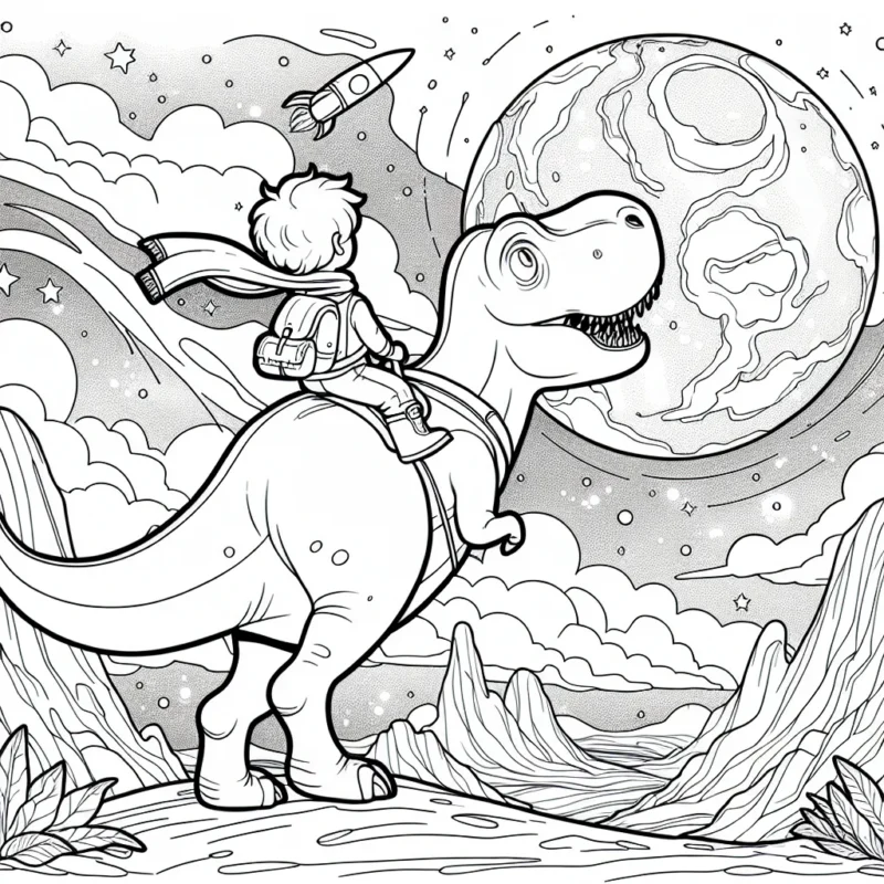 Dessine une scène d'aventure surréaliste avec un petit garçon courageux qui voyage au centre de la Terre sur le dos d'un dinosaure géant.