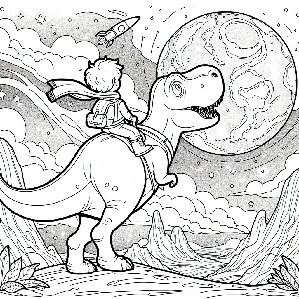 Dessine une scène d'aventure surréaliste avec un petit garçon courageux qui voyage au centre de la Terre sur le dos d'un dinosaure géant.