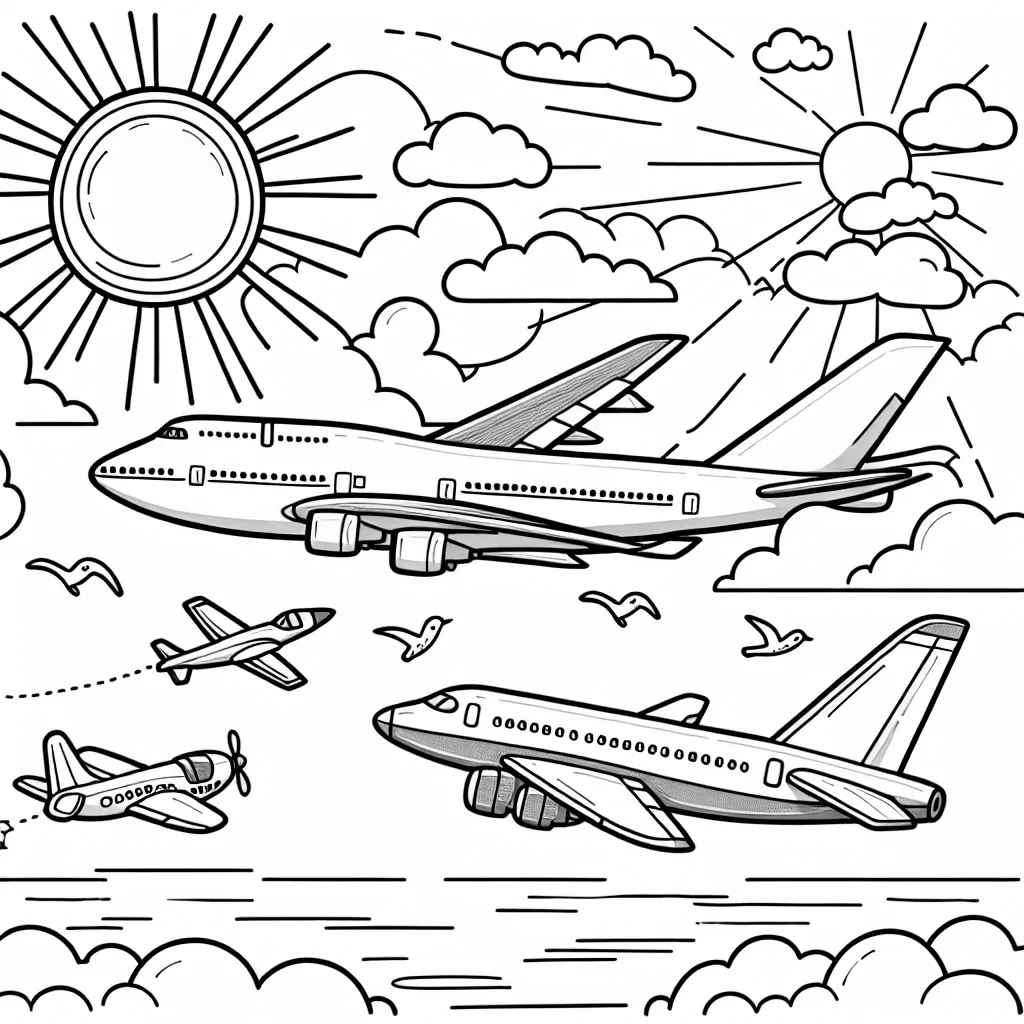 Imagine une scène où plusieurs types d'avions volent ensemble dans le ciel pendant une belle journée ensoleillée. Il y a un gigantesque avion de passagers, un avion de chasse rapide et même un petit avion à hélice. Au dessus, le soleil brille brillamment avec des nuages doux et moelleux flottant gentiment. Il y a aussi des oiseaux qui volent ici et là, ajoutant à la beauté de la scène. N'oublie pas de colorier le pilote qui salut par la fenêtre de l'un des avions!