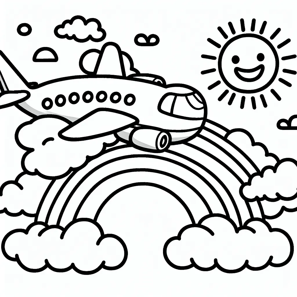 Dessine un grand avion de ligne volant au-dessus des nuages tout en empruntant un arc-en-ciel comme chemin. Pense aussi à coloriser le ciel et le soleil souriant à l'horizon.