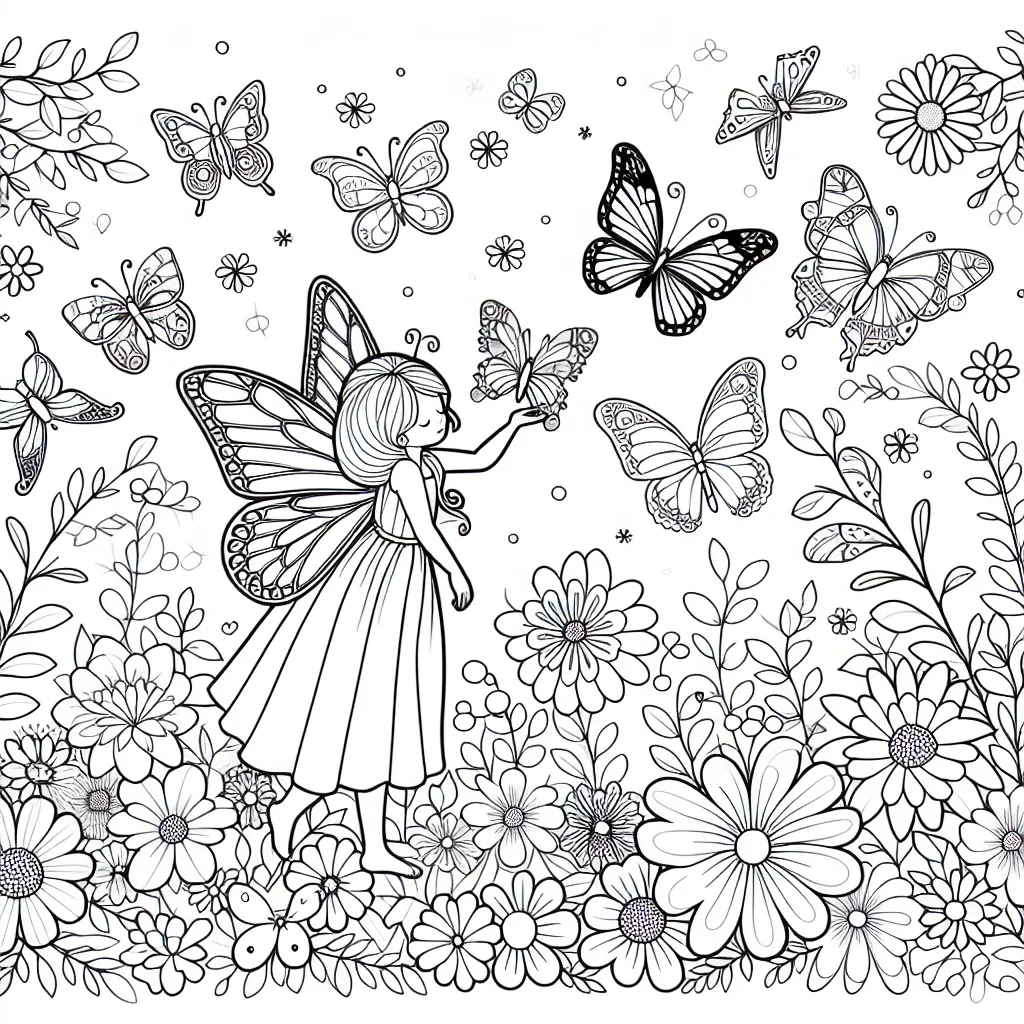 Dessine une fée dans un jardin de fleurs enchanté en train de jouer avec des papillons aux couleurs chatoyantes