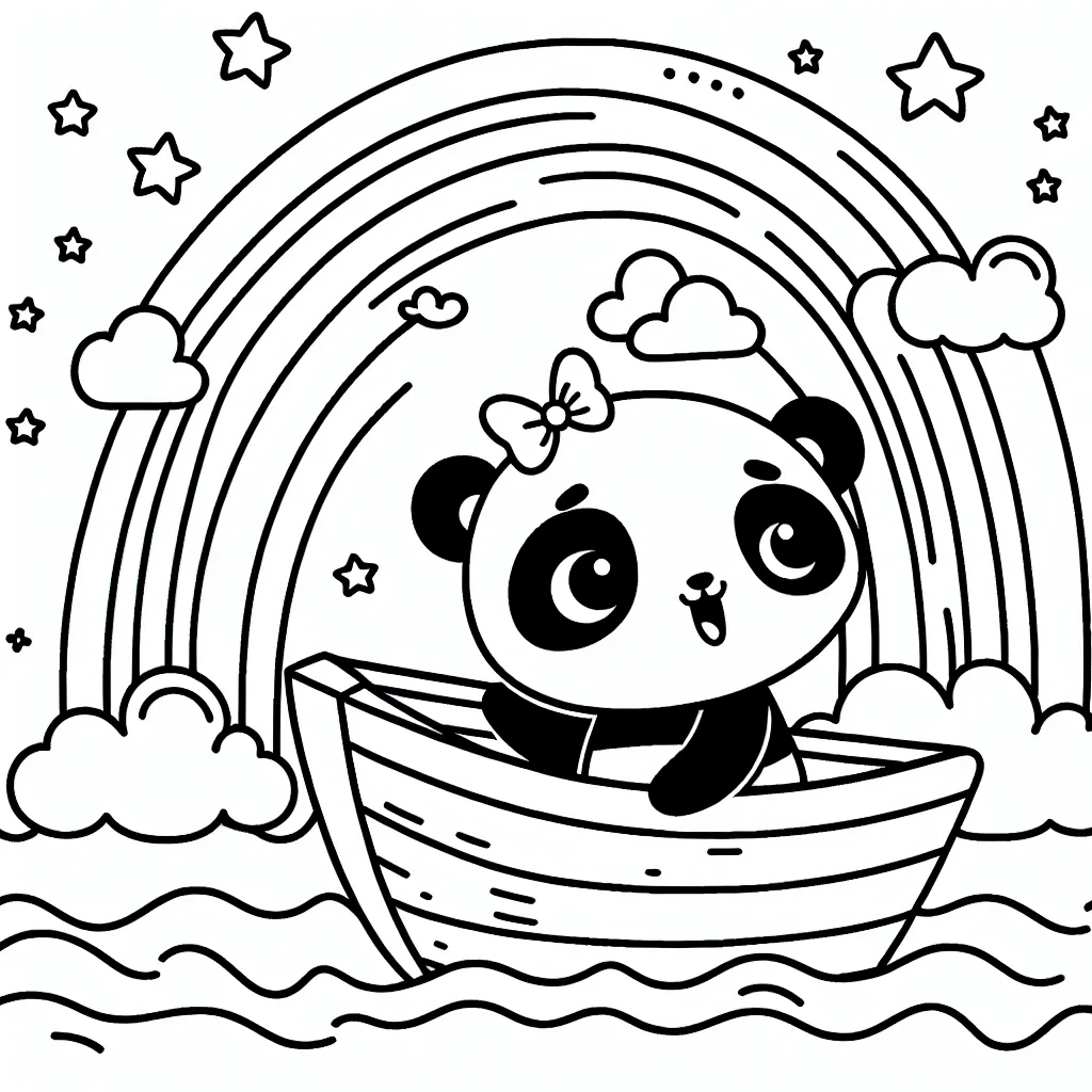 Créer un coloriage représentant un panda qui fait de la voile sur un arc-en-ciel.