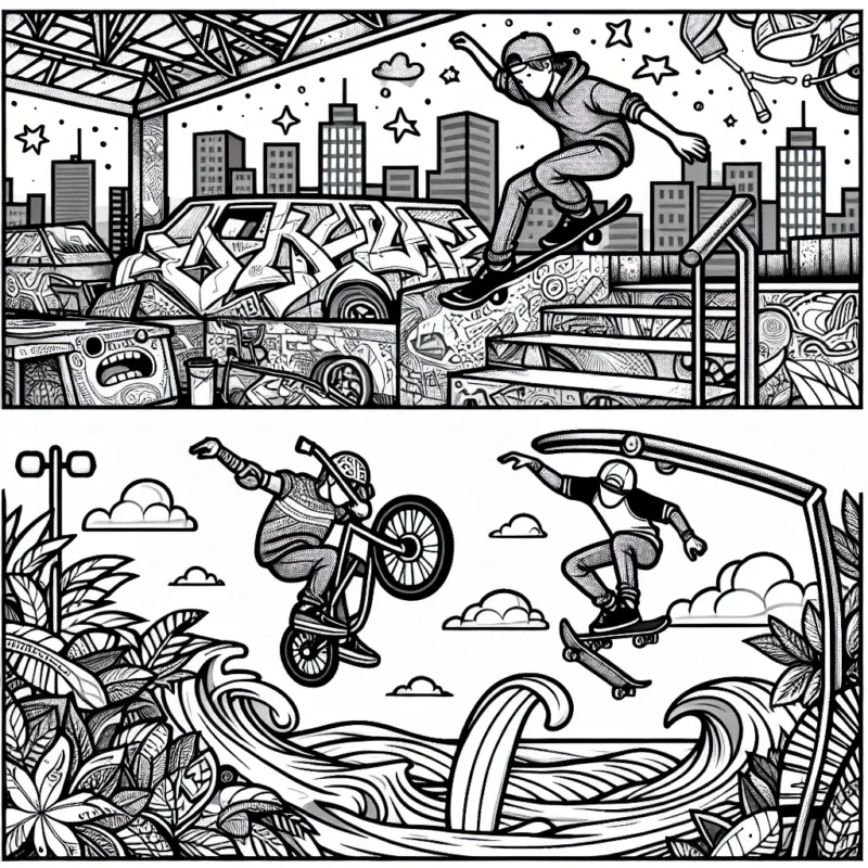 Dessine un skateur accomplissant une figure acrobatique spectaculaire dans un parc à skate urbain rempli de graffitis dynamiques, accompagné d'un BMXer aérien dans un saut périlleux et un surfeur chevauchant une vague massive.