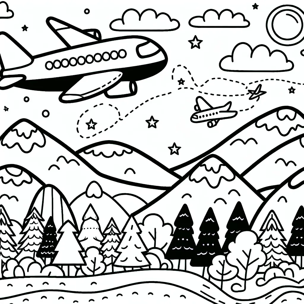 Dessine un avion survolant un environnement rempli de montagnes et de forêts. Fais preuve de créativité pour décorer l'avion et l'environnement qui l'entoure.