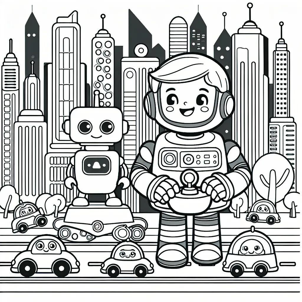 Dessine un petit garçon souriant qui prend le contrôle d'un gros robot amical dans une ville futuriste, veillée par d'autres robots et des grattes-ciel lumineux.