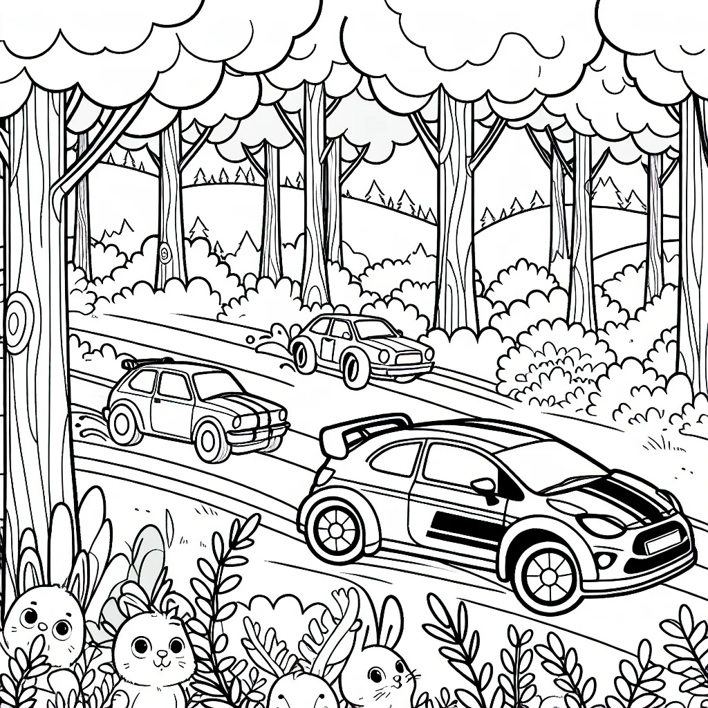 Dessine une journée de rallye avec des voitures de différentes couleurs traversant une forêt dense avec des animaux curieux qui les regardent passer.