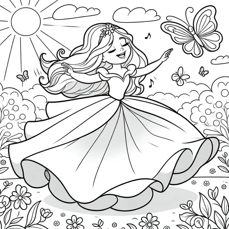 Une princesse danse joyeusement avec un papillon dans un paysage de jardin fleuri sous un ciel ensoleillé.