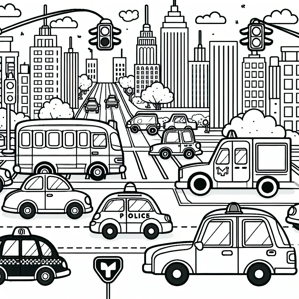 Un charmant paysage urbain grouillant de voitures de différents types. Un taxi jaune, une voiture de police avec des clignotants, une petite voiture rouge et un grand camion décapotable sont en train de circuler dans une rue animée, parsemée de panneaux de signalisation et de feux de circulation.